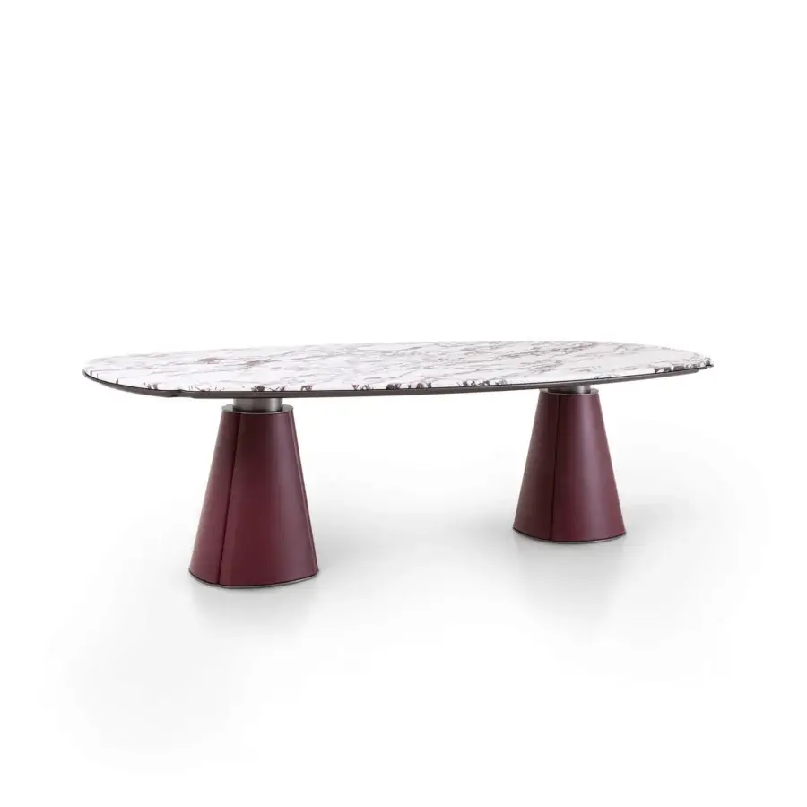 Superior Giorgetti Floria table with reddish-brown veined marble top and burgundy leather-covered legs crafted with milled corners