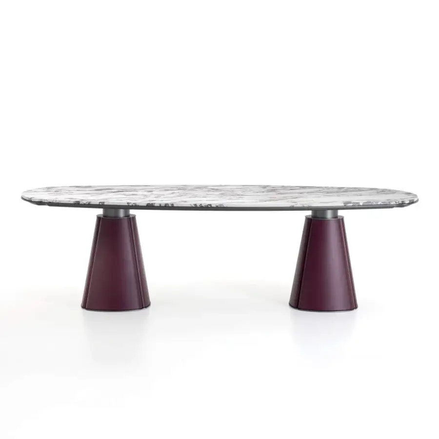 Refined Giorgetti Floria table with grey veined marble top and burgundy leather sculpted legs offering a harmonious design