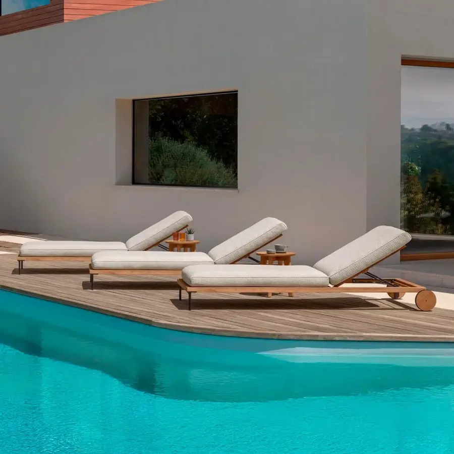 Elegant Talenti Cleo Soft Wood lounger crafted with a satin finish wood and weather-resistant light beige cushions with a reclinable backrest