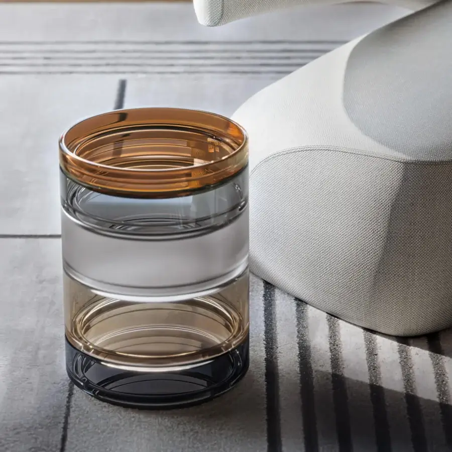 Distinguished Giorgetti Kromis side table/containers in transparent glass with amber, grey, and dark grey gradient and glossy finish