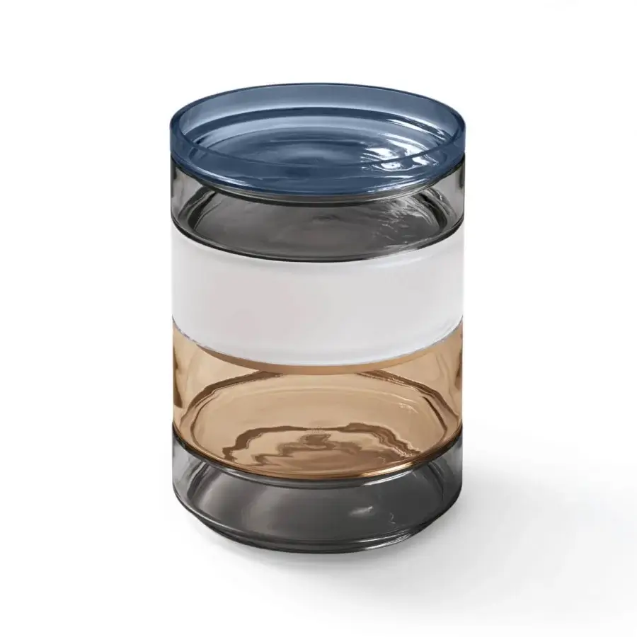 Exclusive Giorgetti Kromis side table/containers in layered transparent materials with bluish-grey, white, and amber tones crafted in Italy