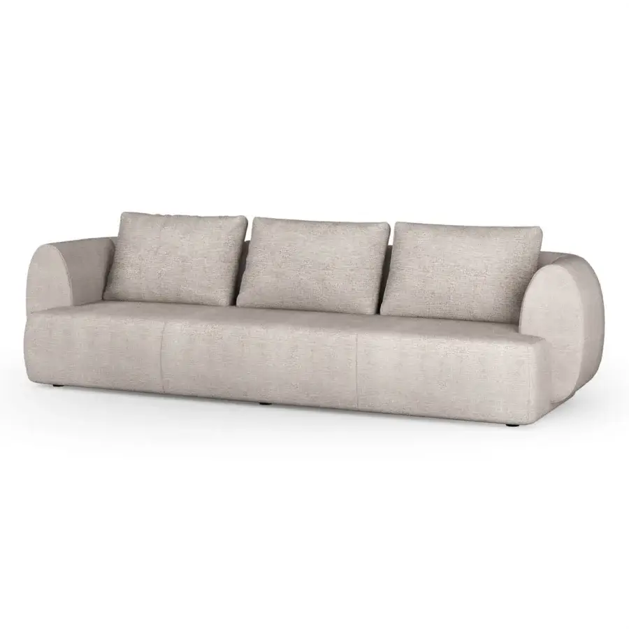 Superior Sicis Botero sofa with neutral beige textured textile and rounded organically formed solid timber frame