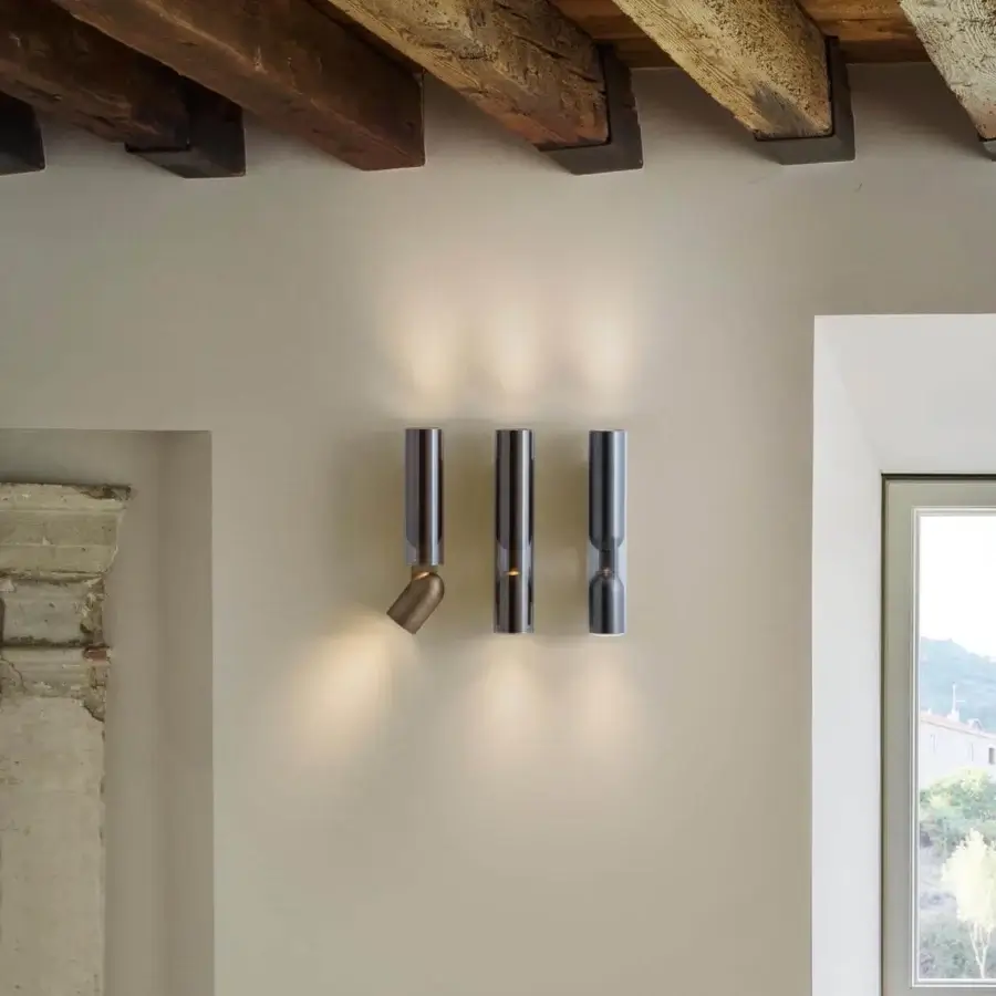 Exclusive Penta Clash wall lamp with transparent glass and brushed bronze crafted in Italian design