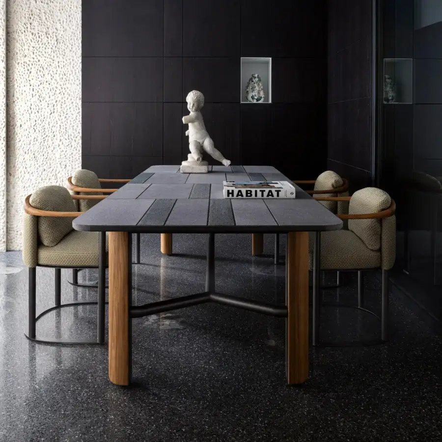 Superior Giorgetti Moorea table with Pewter painted stainless steel frame and solid Teak legs topped with Etna lava stone enriched with emerald glass powder