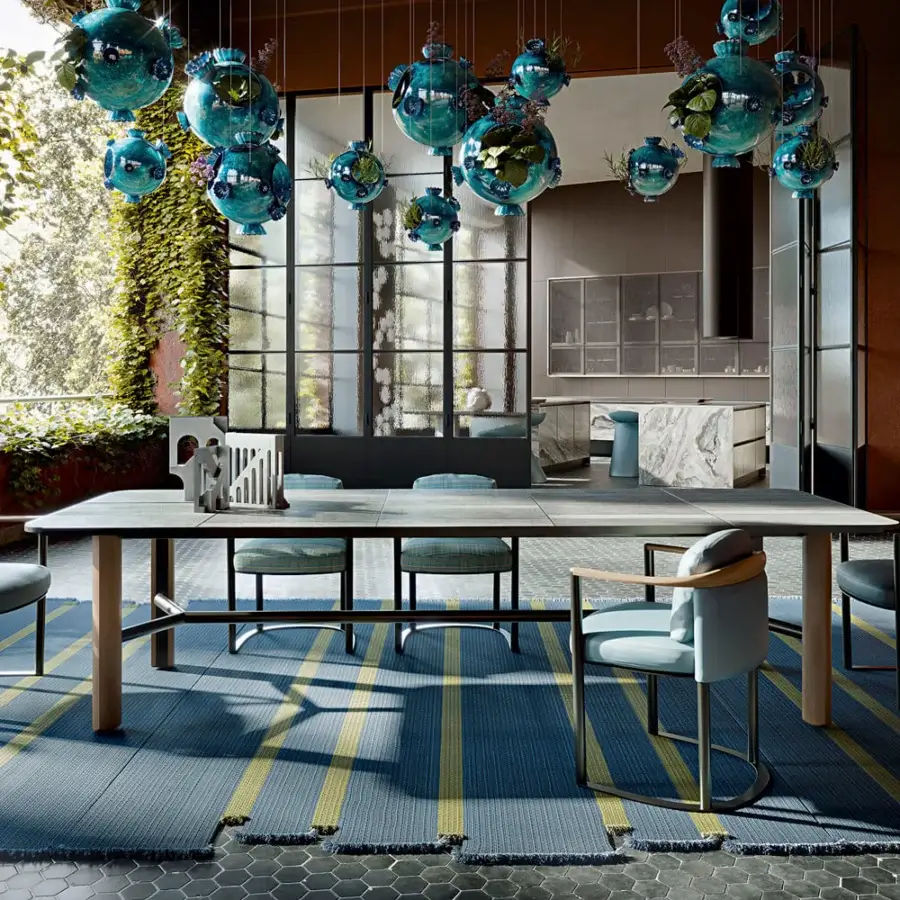 Handcrafted Giorgetti Moorea table with Etna lava stone, pearl glass powder, pewter stainless steel, and teak wood legs