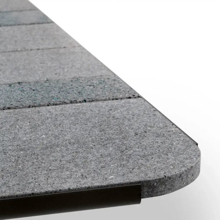 Elegant Giorgetti Moorea table crafted with pewter painted stainless steel, solid Teak wood, and dark gray Etna lava stone enriched with teal glass powder