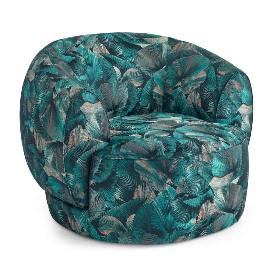 Exceptional Sicis Botero lounge chair with teal and deep blue-green textile upholstery and multilayer solid timber frame