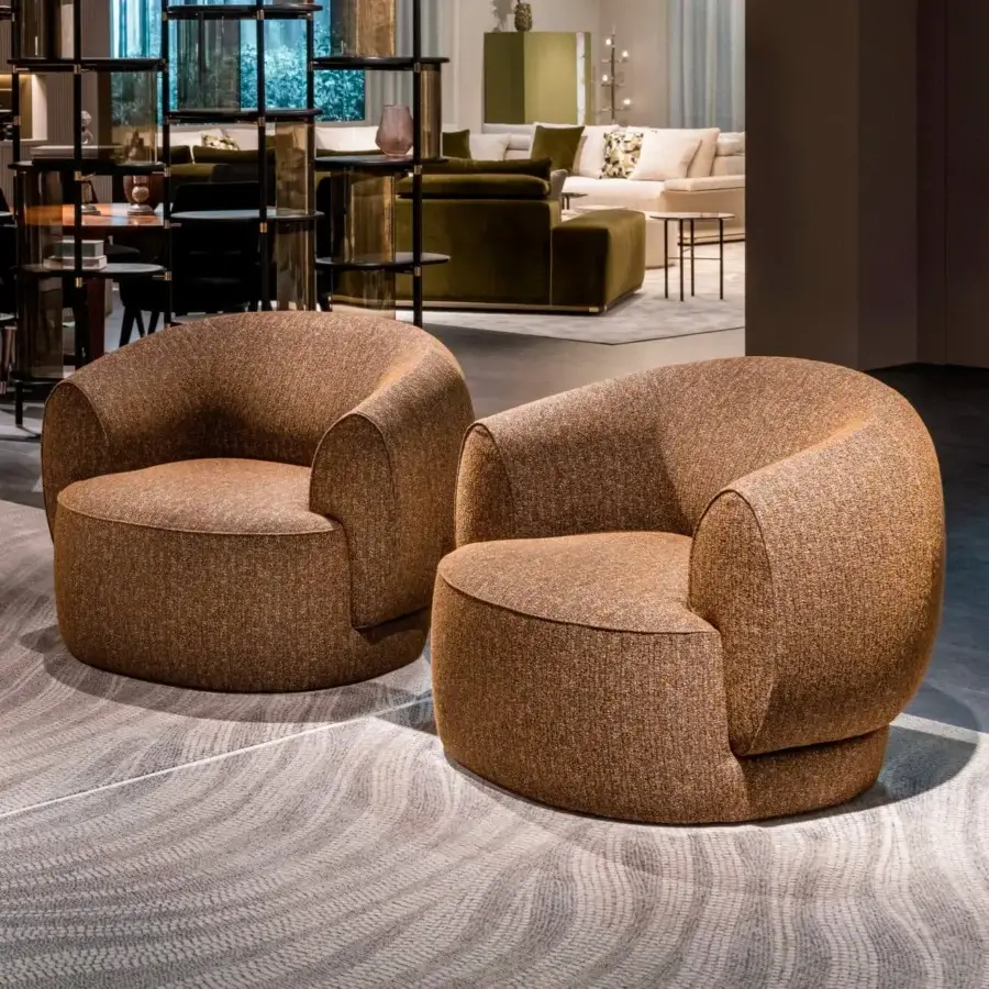 Lavish Sicis Botero lounge chair crafted with multilayer timber and upholstered in earthy brown textured textile with a swivel base