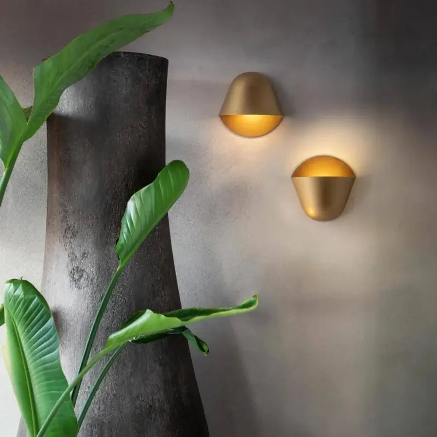 Superior Penta Enoki wall lamp crafted in matt varnished metal with a smooth golden finish emitting warm light
