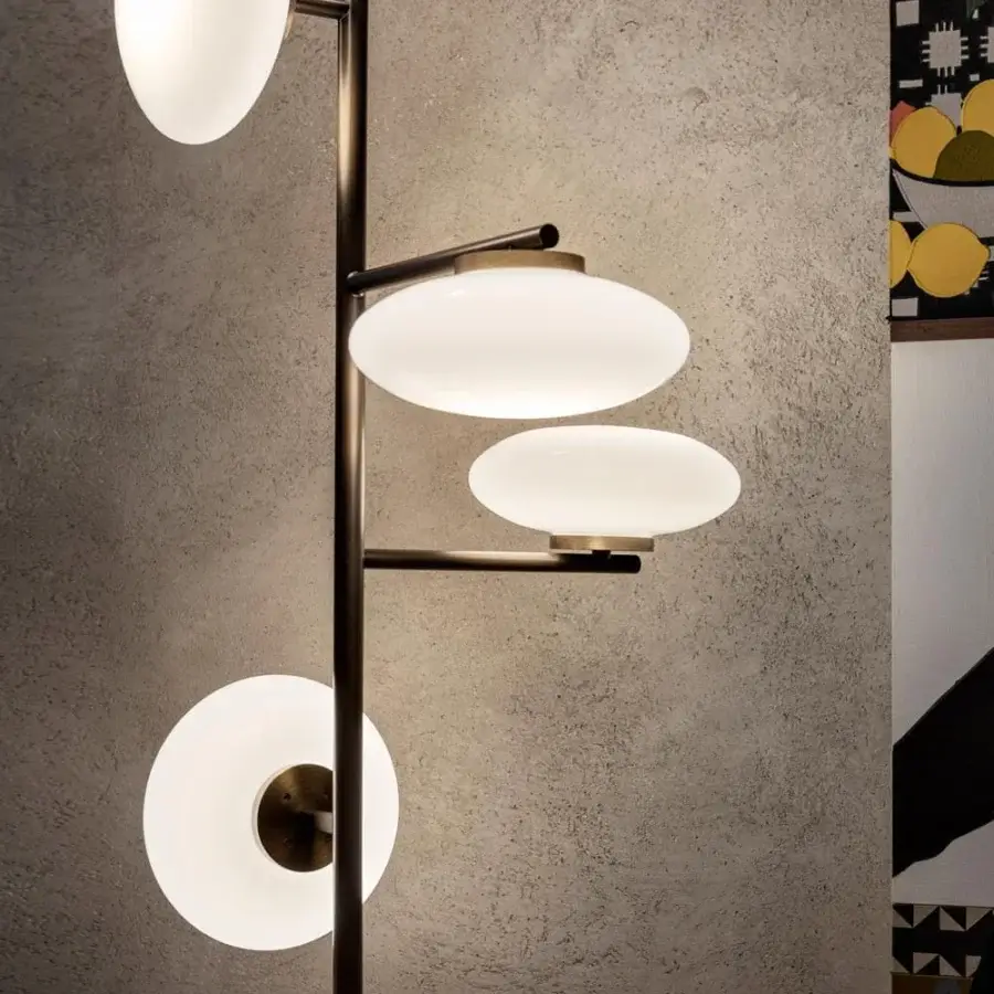 Superior Penta Mami floor lamp with a slender metal structure and opaque blown glass shades in brushed bronze finish