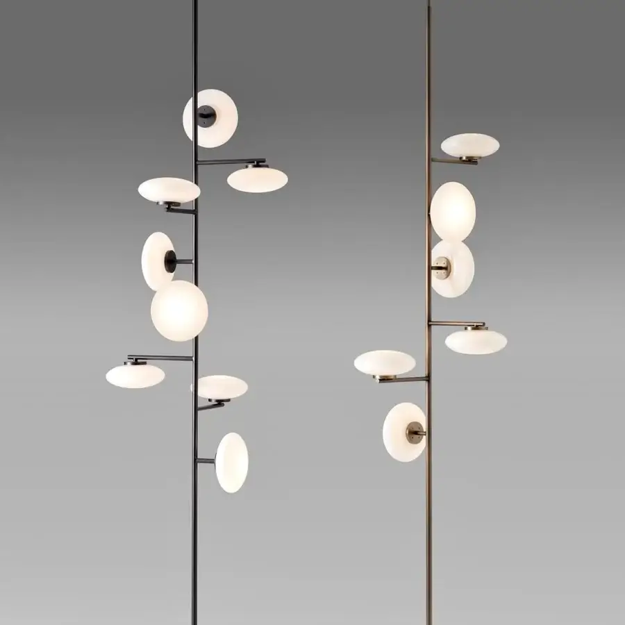 Distinguished Penta Mami floor lamp with a slender metal structure and blown white glass diffusers in a matt black finish