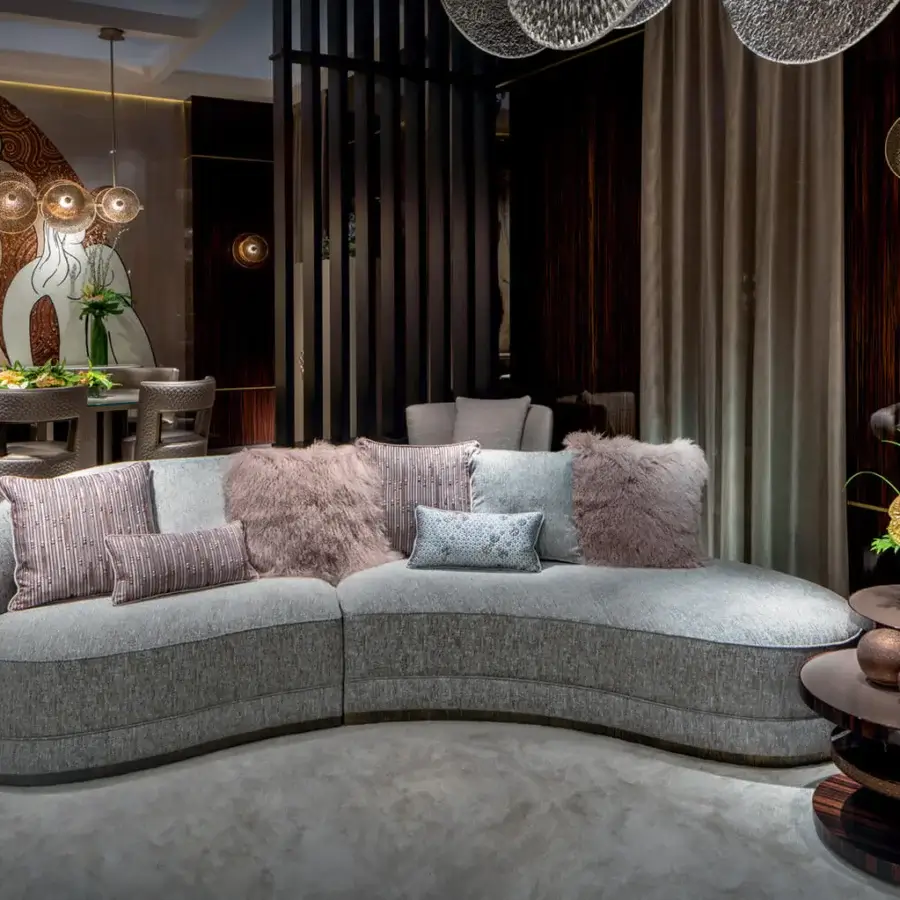 Exceptional Sicis Prestige sectional with flowing form upholstered in textured neutral gray fabric offering spacious relaxed seating