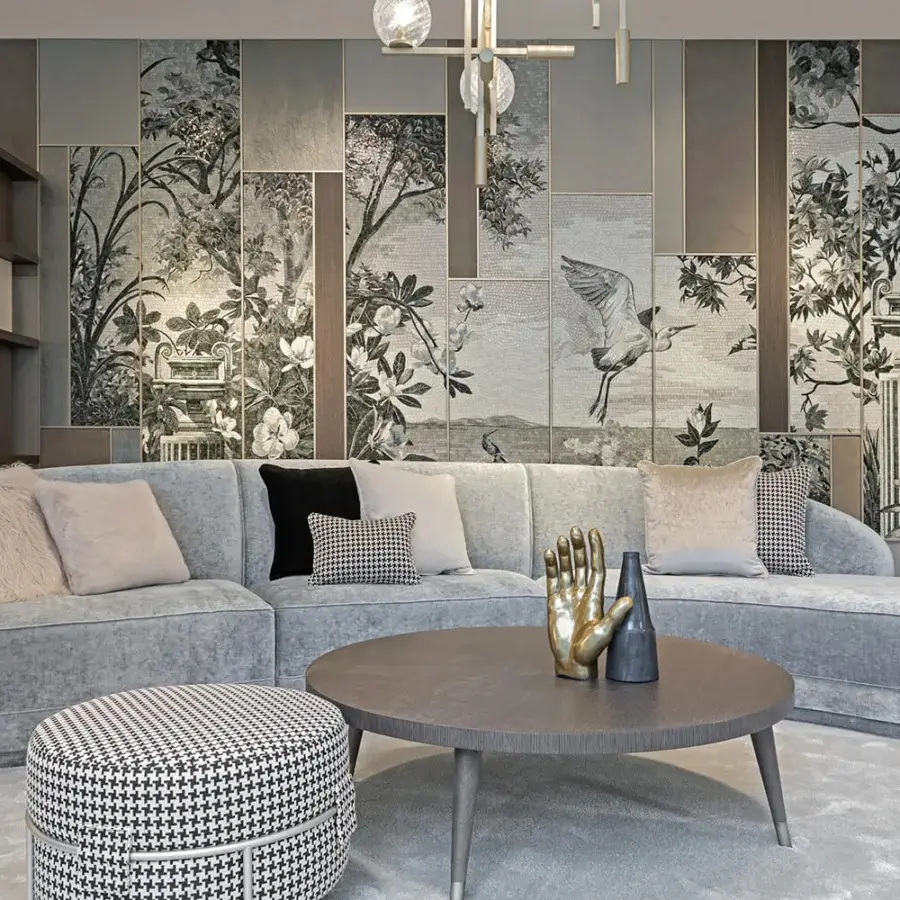 Superior Sicis Prestige sectional with soft textured gray textile and balanced rounded contemporary form