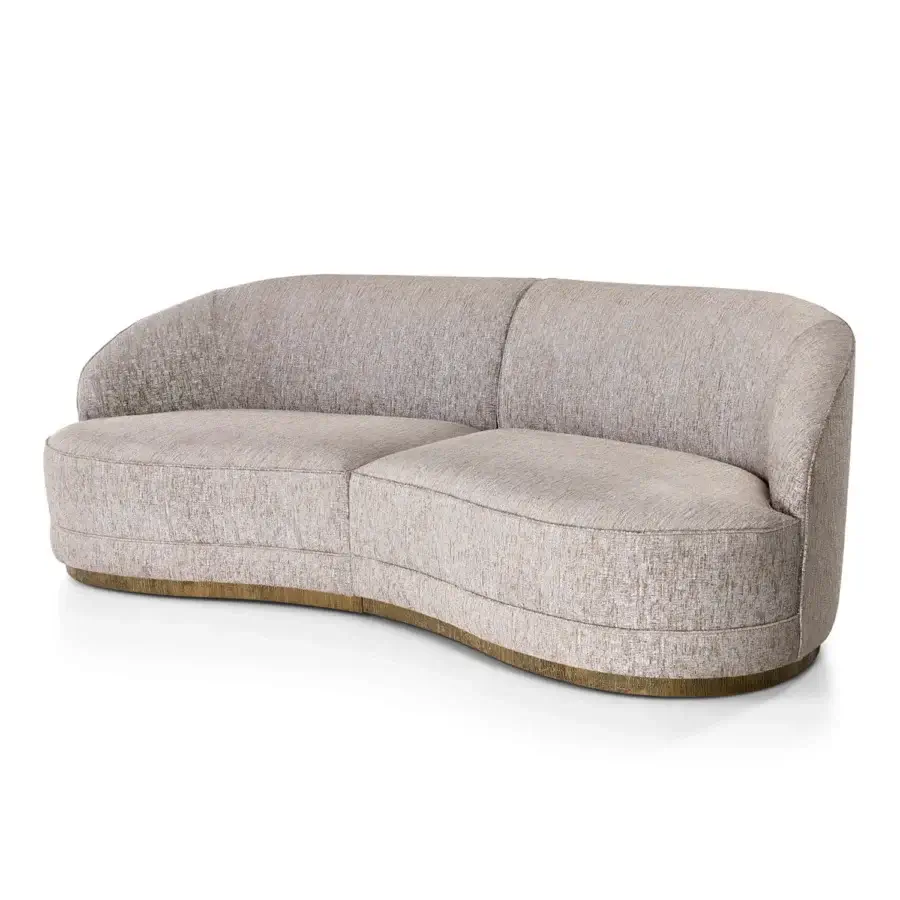 Distinguished Sicis Prestige sectional with flowing form and neutral beige textile upholstery crafted upon a striking wood base with metallic finish