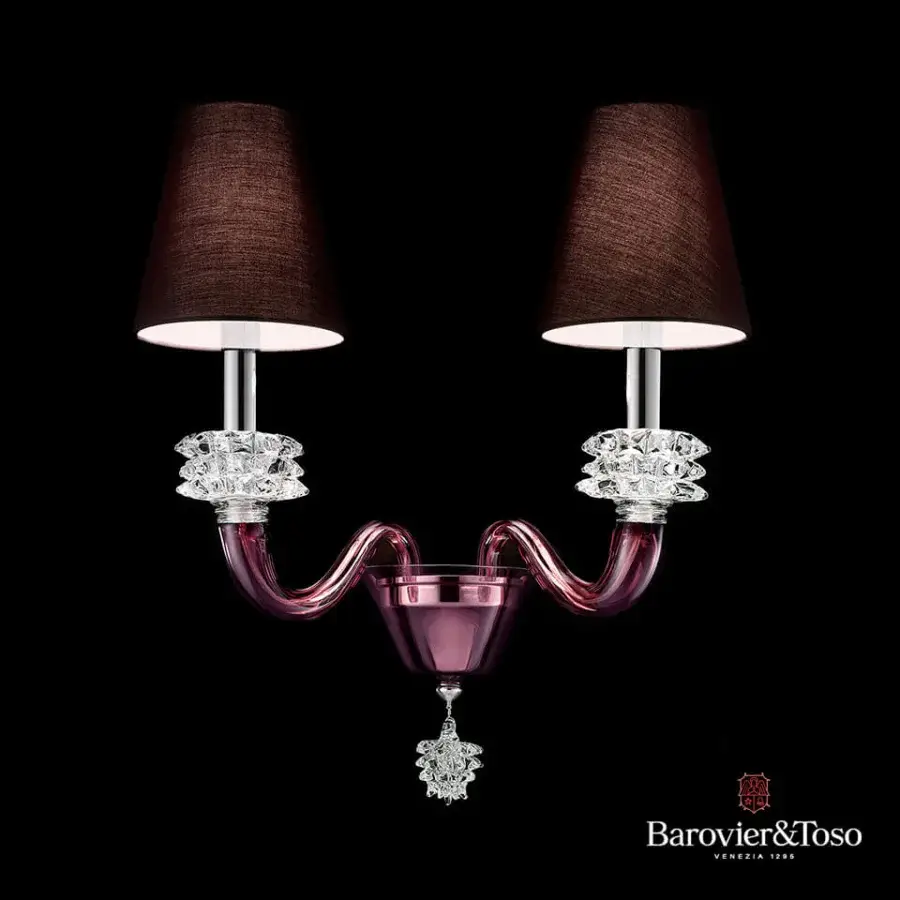 Distinguished Barovier&Toso Amsterdam wall lamp crafted in reddish-purple glass with polished silver-toned metal and crystal details
