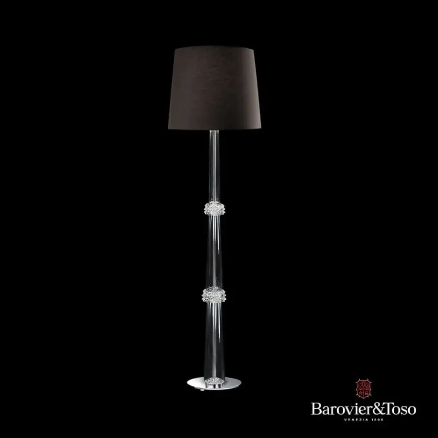 Distinguished Barovier&Toso Amsterdam floor lamp with transparent glass and silver-toned metal built around a black conical lampshade