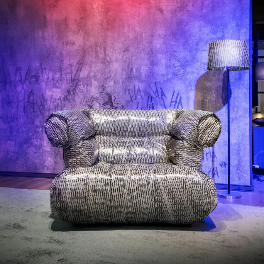 Exclusive Joker Home Collection Asylum lounge chair crafted in silvery-grey MILLENIUM ARXE’ carbon technical fabric film with a lacquered base