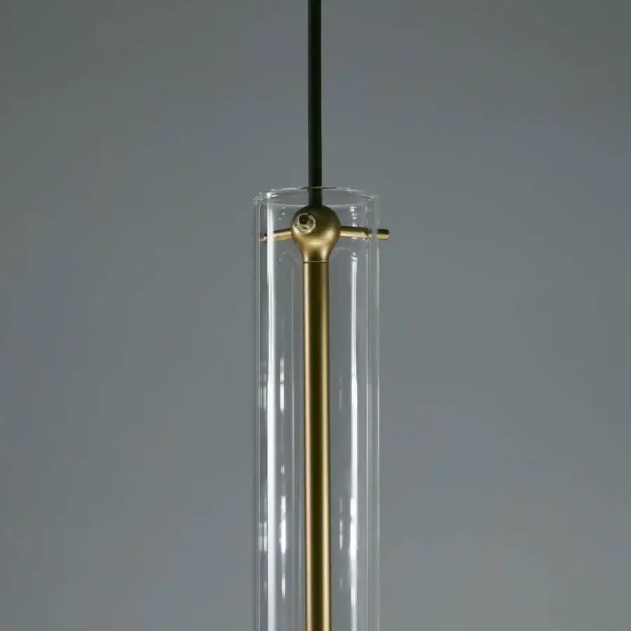 Superior Penta Wonder suspension lamp with transparent borosilicate glass shade and matt varnished gold metal structure