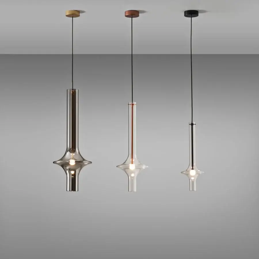Distinguished Penta Wonder suspension lamp with black matt-varnished metal and transparent borosilicate glass shade