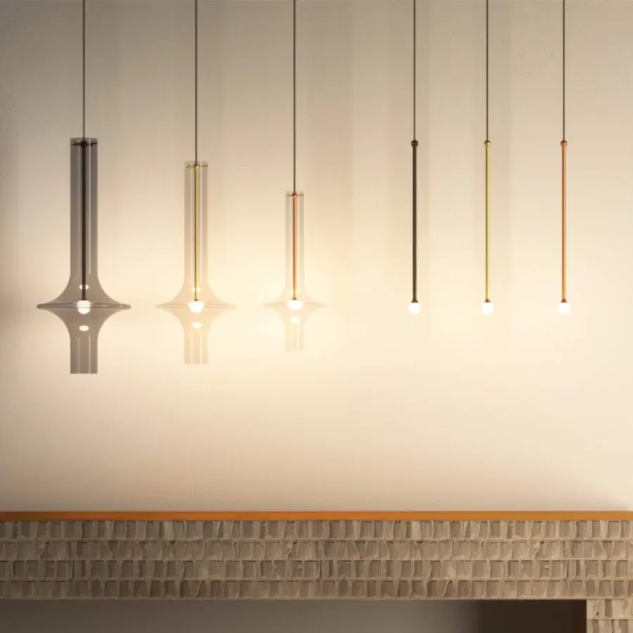Elegant Penta Wonder suspension lamp with fumé borosilicate glass shade and matt-varnished metal structure