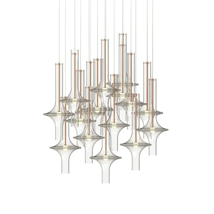 Elegant Penta Wonder suspension lamp with flared transparent borosilicate glass shade and matt varnished copper metal structure