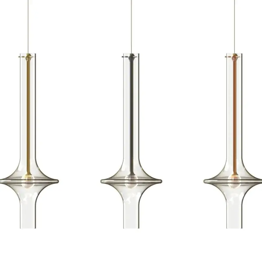 Superior Penta Wonder suspension lamp with clear borosilicate glass shade and matt varnished metal structure in silver-toned chrome finish