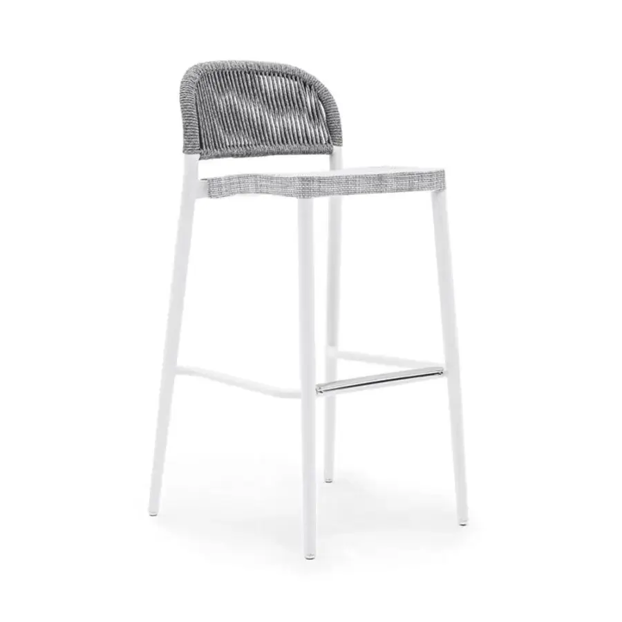 Elegant Varaschin Clever stool with aluminum frame and woven VAR#TEX in grey and white striped pattern