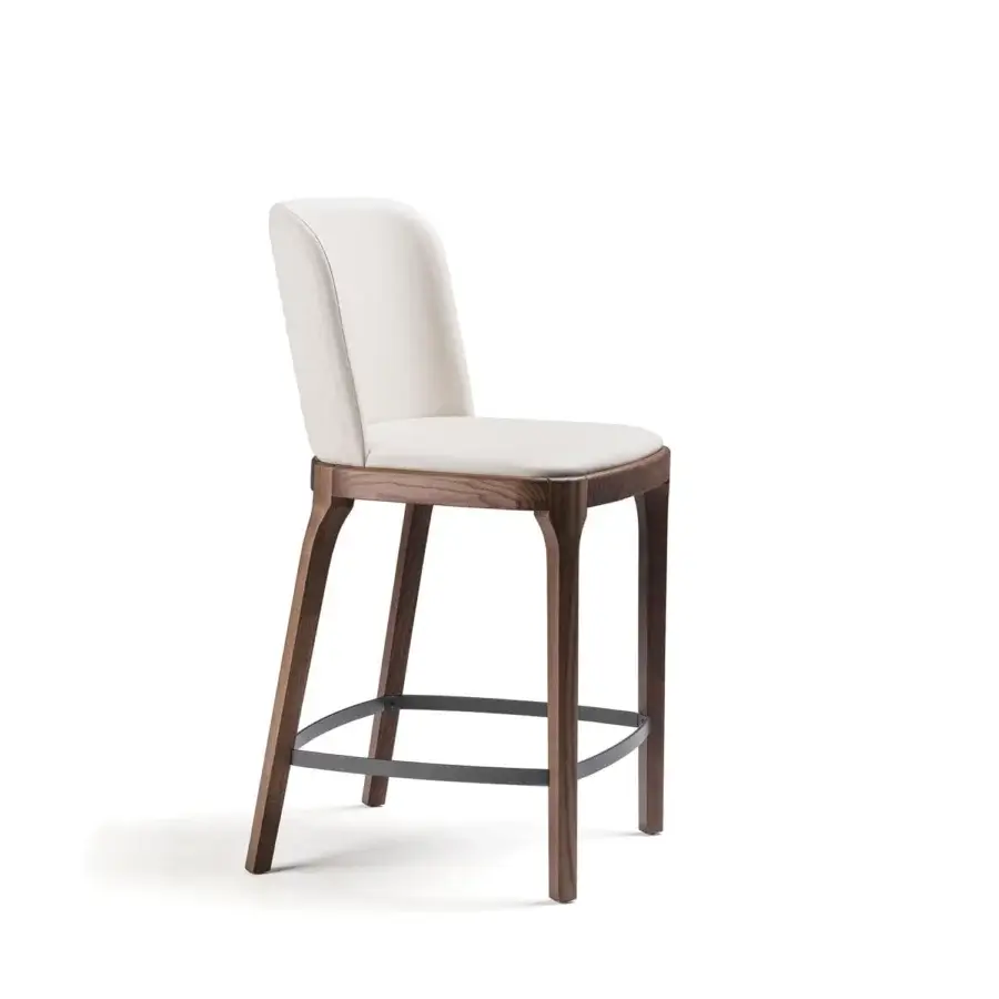 Exceptional Cattelan Italia Magda Couture stool with enveloping backrest and dark-stained wood legs connected by metal support