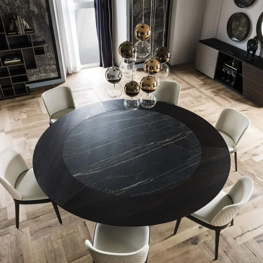 Lavish Cattelan Italia Skorpio Ker-Wood round table with Canaletto walnut and Marmi ceramic insert in graphite embossed lacquered steel