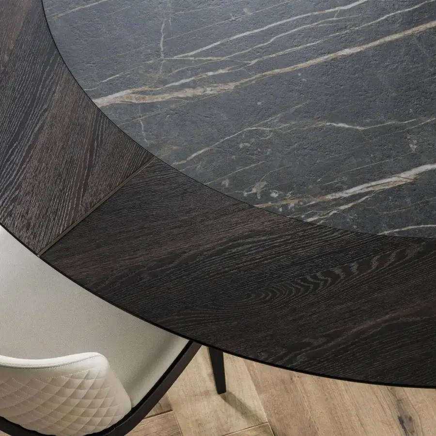 Sophisticated Cattelan Italia Skorpio Ker-Wood round table with Canaletto walnut and Marmi ceramic insert in graphite embossed lacquered steel