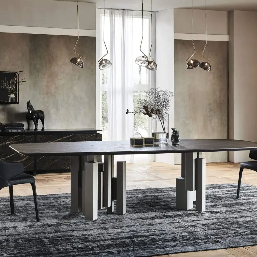 Exceptional Cattelan Italia Skyline Wood table with beveled Canaletto walnut and graphite embossed lacquered steel base in matte finish