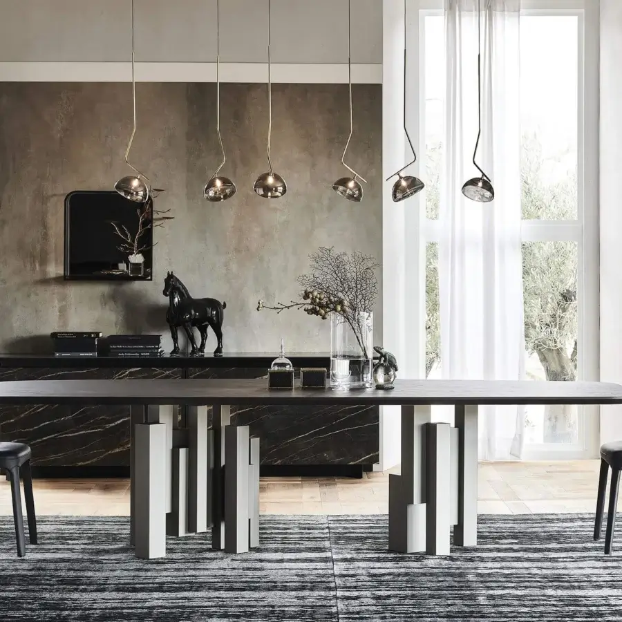 Distinguished Cattelan Italia Skyline Wood table with a barrel-shaped Canaletto walnut top and embossed light gray lacquered steel base