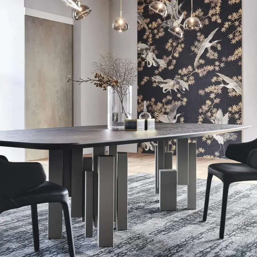Lavish Cattelan Italia Skyline Wood table with a Canaletto walnut top and titanium embossed lacquered steel base