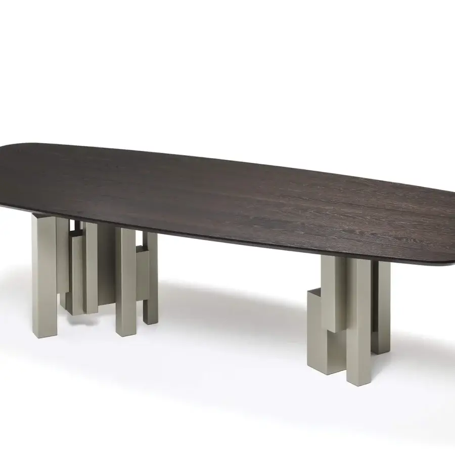 Exceptional Cattelan Italia Skyline Wood table with a barrel-shaped Canaletto walnut top and embossed graphite lacquered steel base