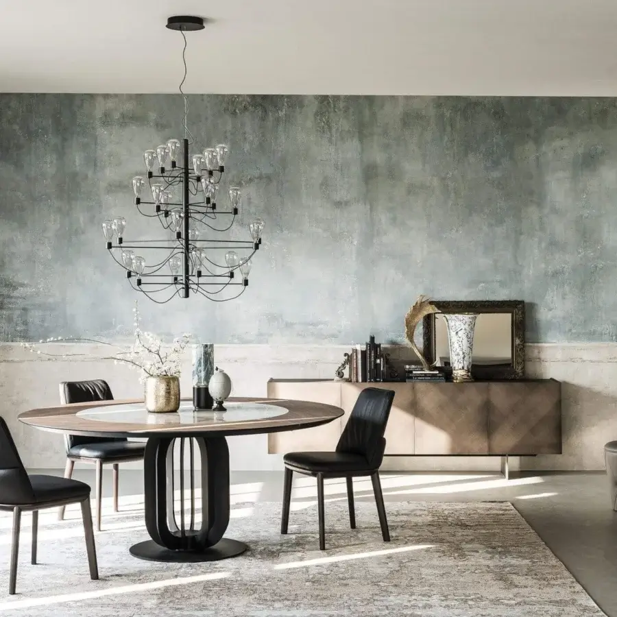 Exceptional Cattelan Italia Soho Ker-Wood table with Canaletto walnut, Marmi ceramic insert and black embossed lacquered steel base