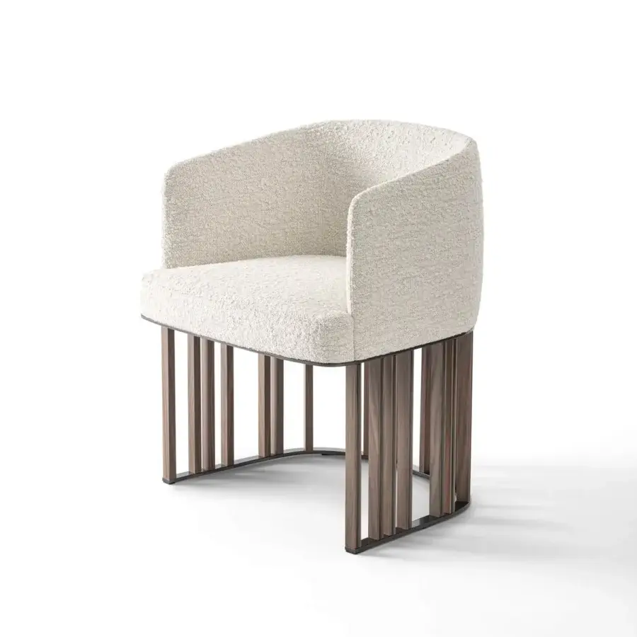 Exceptional Giorgetti Hero chair with comfortable rounded silhouette in light off-white bouclé and curved canaletto walnut base
