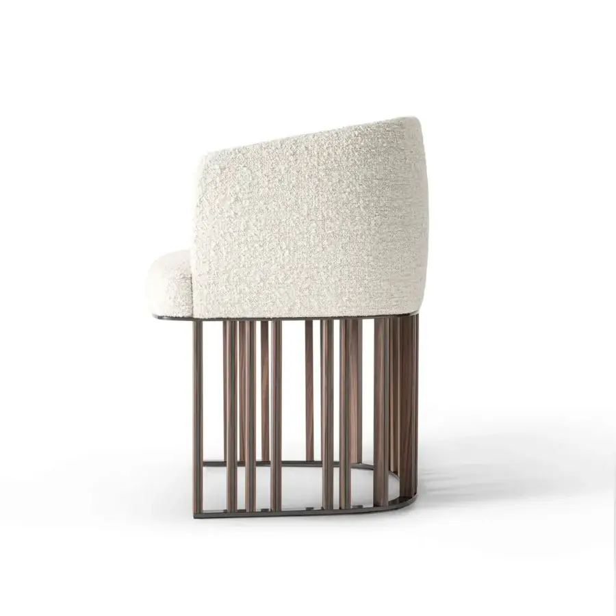 Lavish Giorgetti Hero chair with curved silhouette crafted in textured cream fabric and canaletto walnut with bronze tone