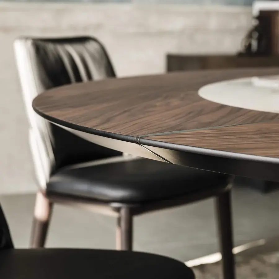 Elegant Cattelan Italia Soho Ker-Wood table with Canaletto walnut, Marmi ceramic insert, and embossed lacquered steel base