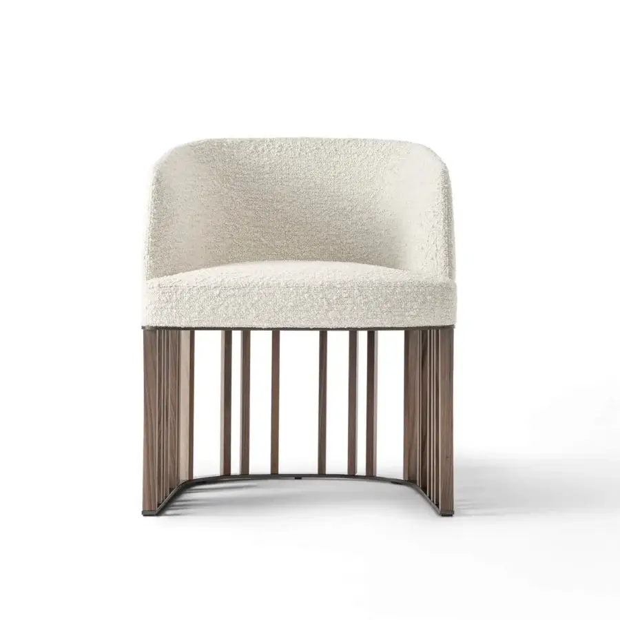 Superior Giorgetti Hero chair with graceful curved silhouette crafted in textured cream fabric and canaletto walnut base