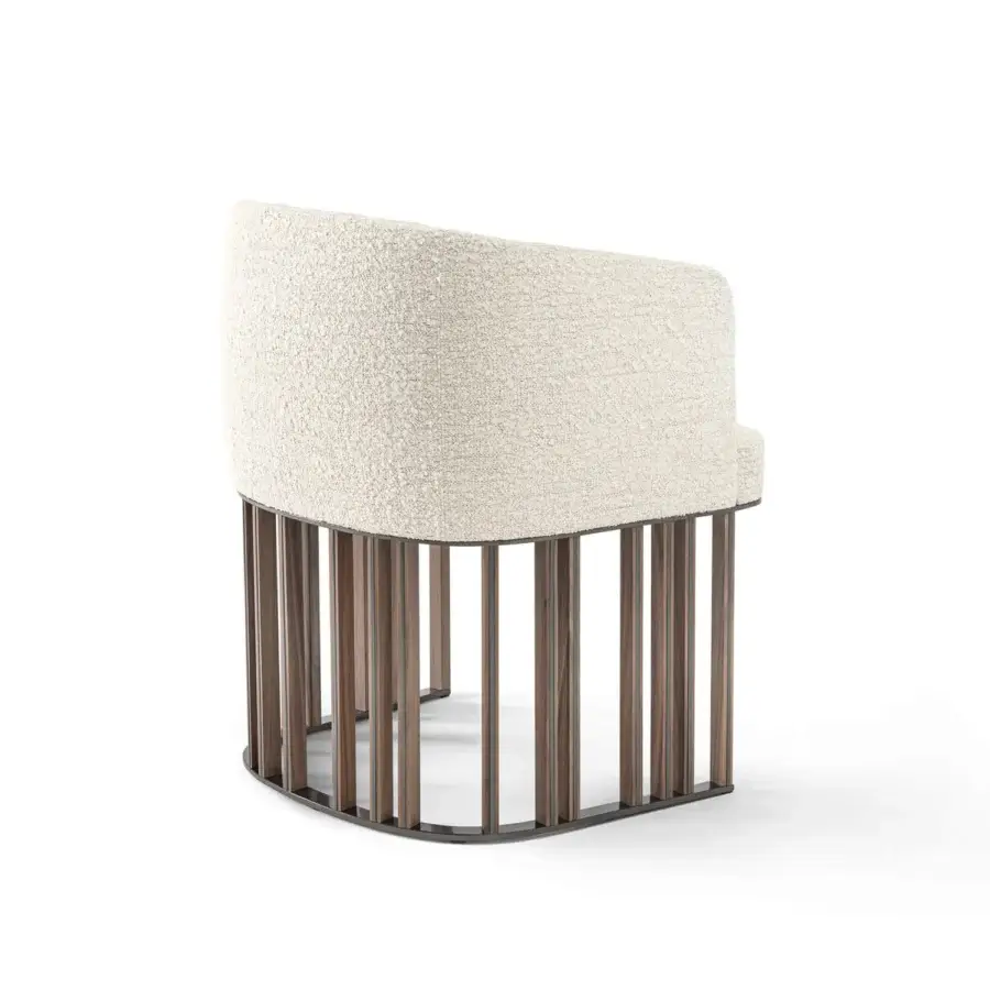 Distinguished Giorgetti Hero chair with enveloping comfort upholstered in creamy textured bouclé and canaletto walnut with satin finish