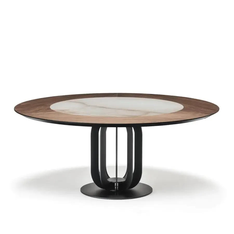 Distinguished Cattelan Italia Soho Ker-Wood table with Canaletto walnut, alabastro ceramic, and graphite lacquered steel base in matte finish