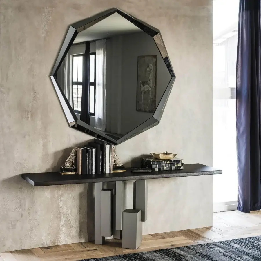 Sophisticated Cattelan Italia Skyline console with Canaletto walnut and graphite embossed lacquered steel supports