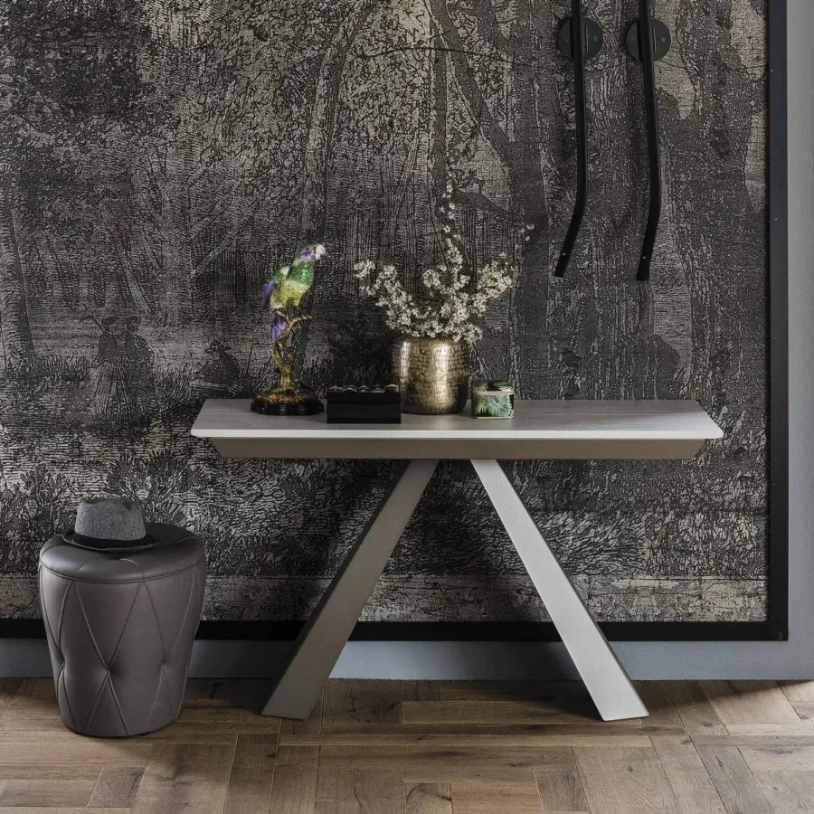Exclusive Cattelan Italia Convivium console with grey London Fenix laminated wood and titanium embossed lacquered steel base