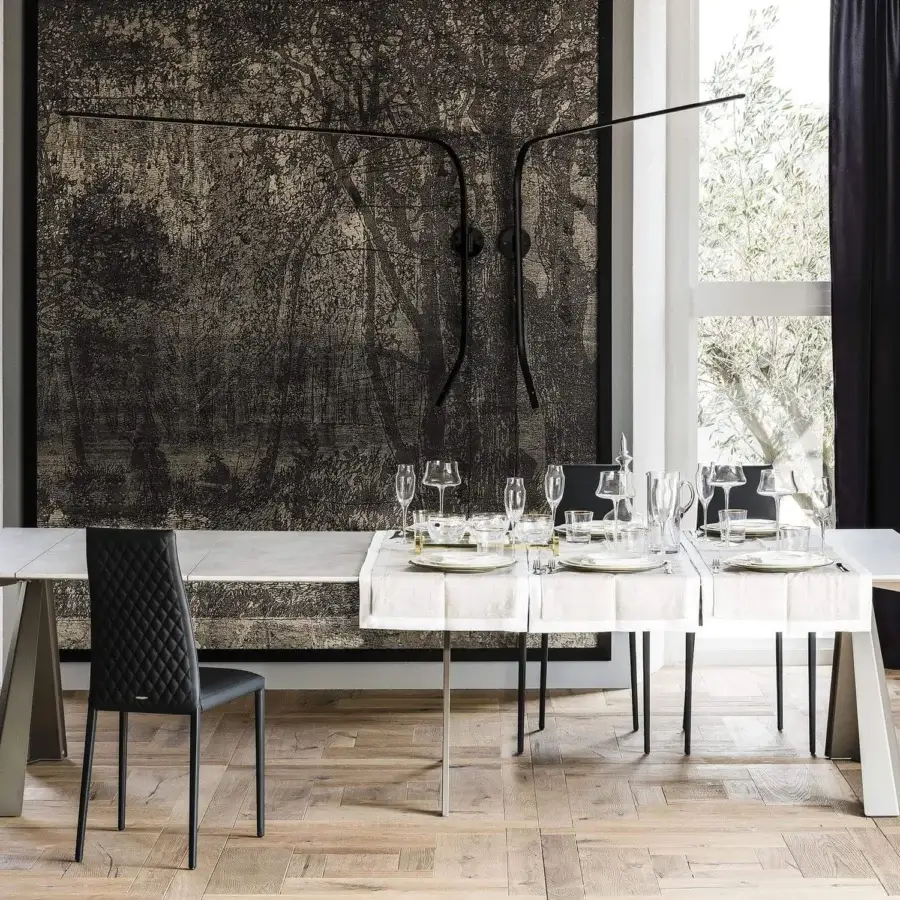 Distinguished Cattelan Italia Convivium console crafted with light gray textured top and graphite embossed lacquered steel trestle base