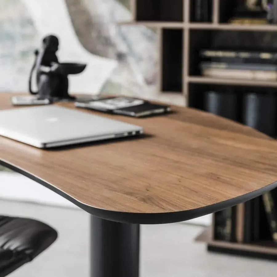 Distinguished Cattelan Italia Malibu desk with warm brown Canaletto walnut and graphite embossed lacquered steel base in matte finish
