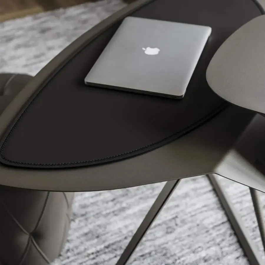 Stylish Cattelan Italia Storm desk with graphite embossed lacquered steel and dark leather-like inset pad
