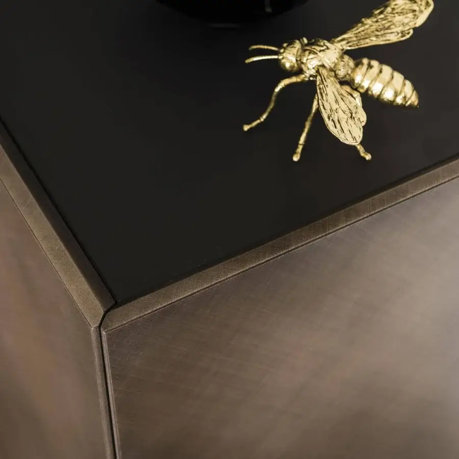 Exclusive Cattelan Italia Arizona sideboard with brushed bronze doors and moka painted glass top crafted in dark brown hues
