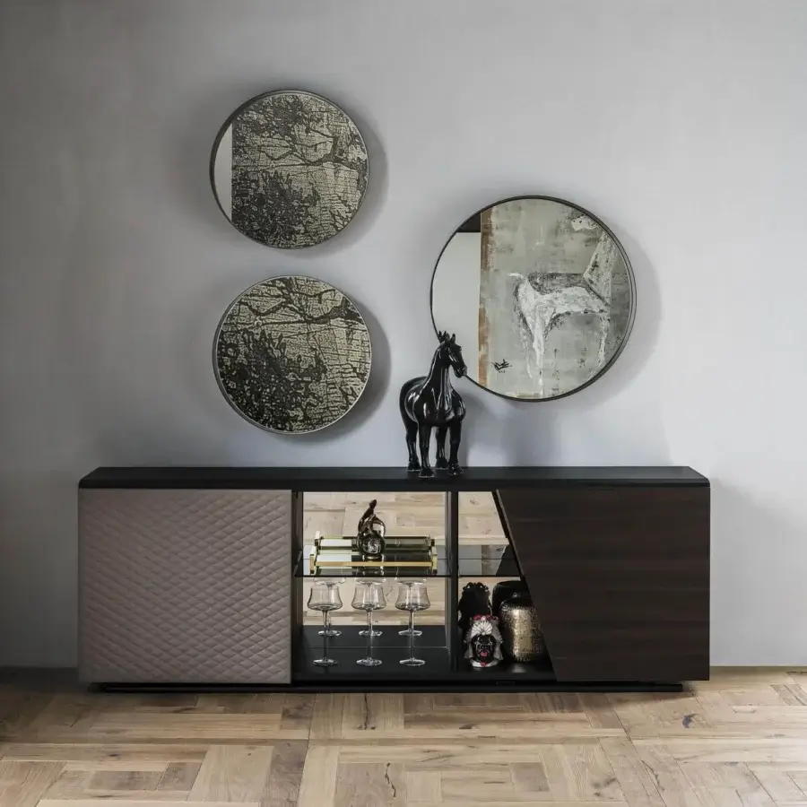 Distinguished Cattelan Italia Aston sideboard with black embossed wood, quilted light brown leather, and brushed bronze details