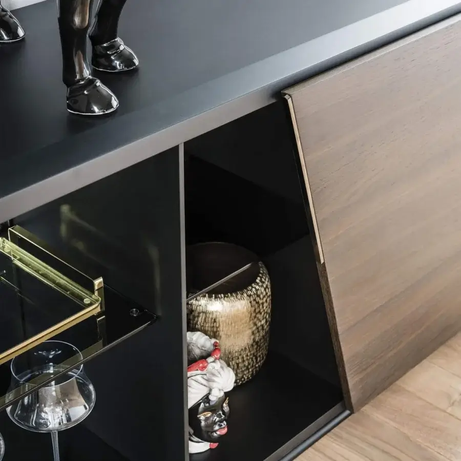 Exceptional Cattelan Italia Aston sideboard with black embossed wood, quilted soft leather, plus brushed bronze details