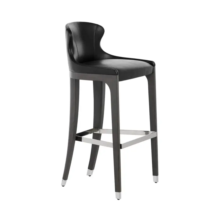 Distinguished Potocco Miura stool with solid beech wood frame, dark upholstery and sleek metal footrest and accents